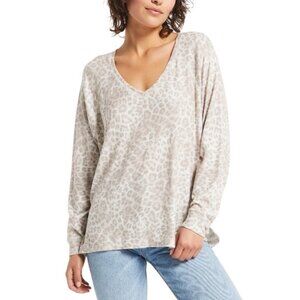 Z SUPPLY Lindell Leopard Slub Sweater Top Sz M Grey Beige VNeck Knit Rayon Blend
